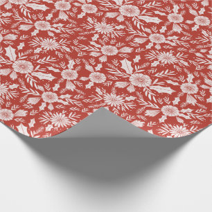 Christmas Woodcut Botanical Red and White Wrapping Paper