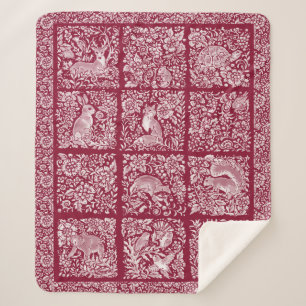 Christmas Woodland Animal Burgundy Deer Fox Rabbit Sherpa Blanket