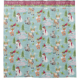 Christmas Woodland Animals Deer BearFox Racoon Shower Curtain