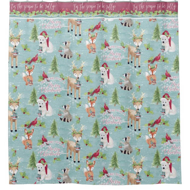 Christmas Woodland Animals Deer BearFox Racoon Shower Curtain (Front)