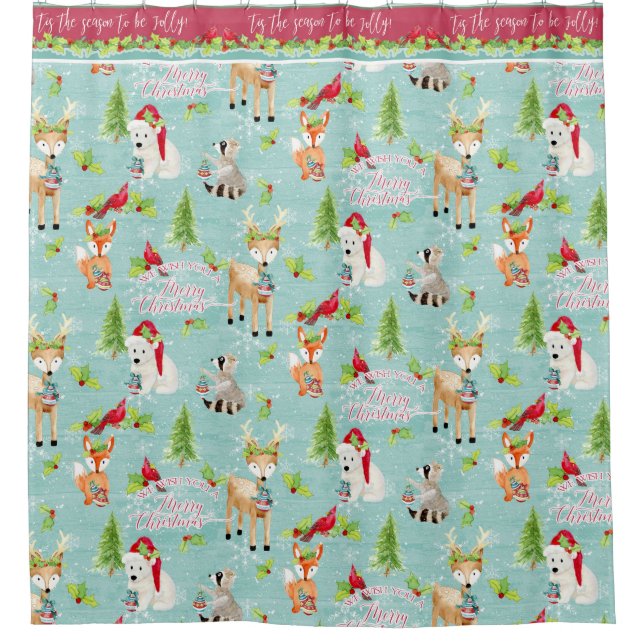 Christmas Woodland Animals Fox Deer Racoon Bear Shower Curtain (Front)