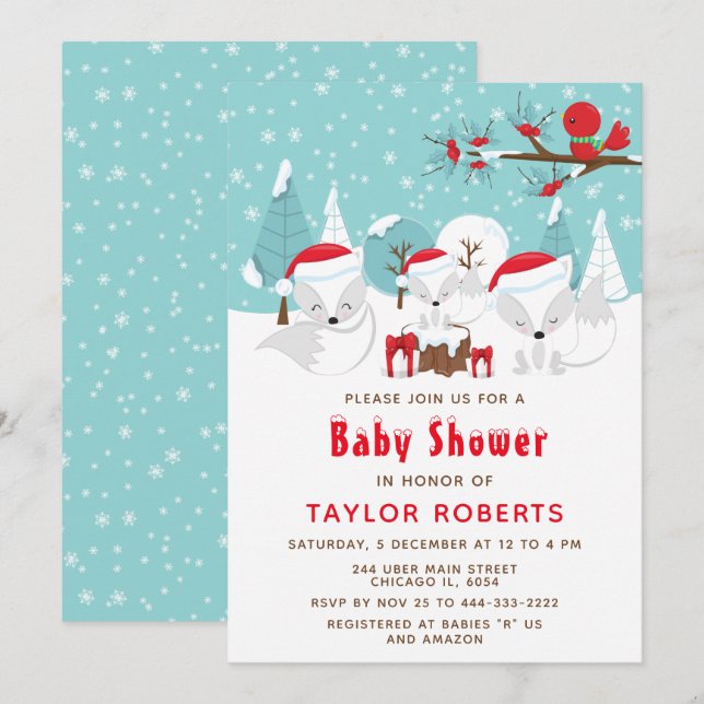 Christmas Woodland Arctic Fox Baby Shower Invitation (Front/Back)