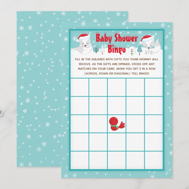 Christmas Woodland Arctic Foxes Baby Shower Bingo Invitation (Front/Back)