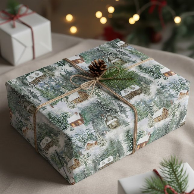 Christmas Woodland Cabins Watercolor Wrapping Paper (Creator Uploaded)