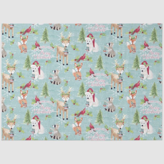 Christmas Woodland Deer Bear Animals Dusty Blue Tissue Paper (Front)