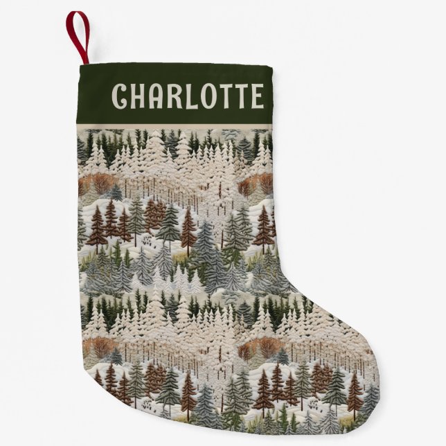 Christmas Woodland Embroidered Personalised Name Small Christmas Stocking (Front)