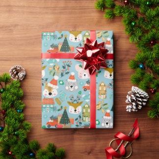 Christmas Woodland Festive Furry Friends Blue Wrapping Paper