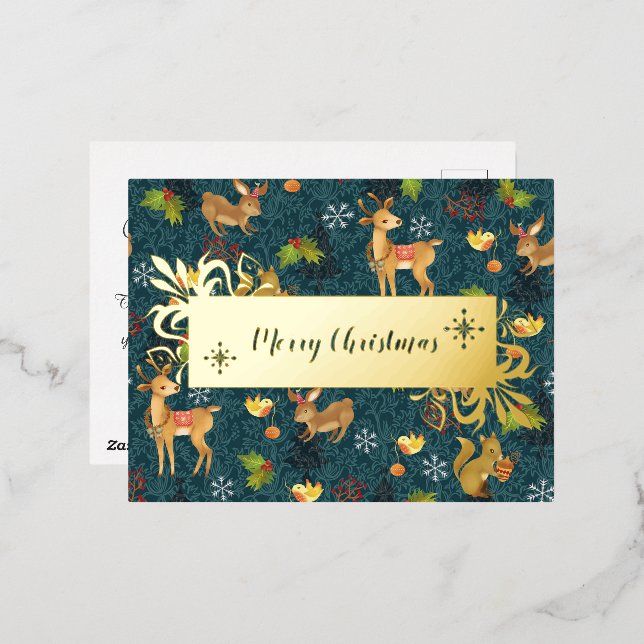 Christmas Woodland  Navy. Personalised.Gold.   Foil Holiday Postcard (Front/Back)
