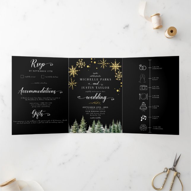 Christmas Woodland Pine Trees Wedding Tri-Fold Invitation (Inside)