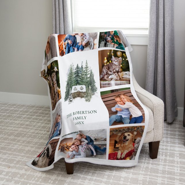 Christmas Woodland Rustic Family 10 Photo Collage Fleece Blanket (Creator Uploaded)