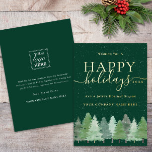 Christmas Woodland Snow Company Logo Green & Gold Foil Holiday Card