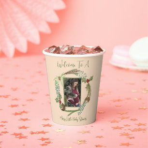 Christmas woodland wreath baby shower holly berry  paper cups