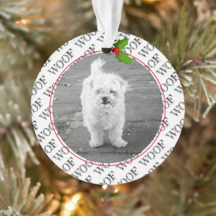 Christmas WOOF Paw Print Dog Name PHOTO Holly Fun Ornament