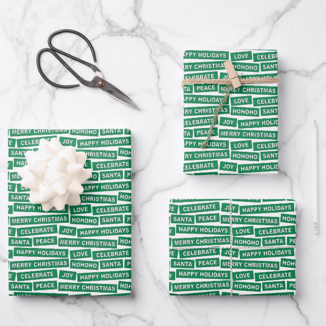 Christmas Words Green Wrapping Paper Sheets (Front)