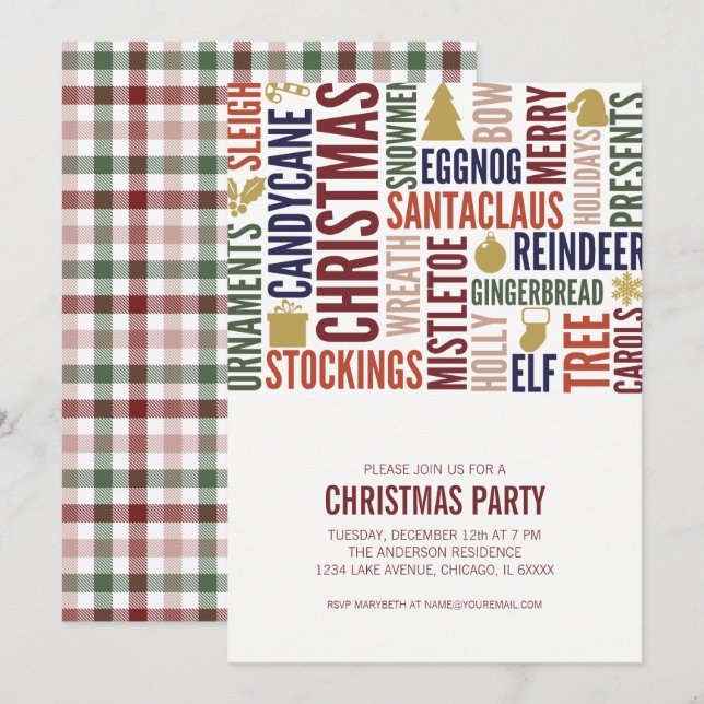Christmas Words Holiday Party Invitation (Front/Back)