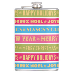 Christmas words on colourful lines hip flask