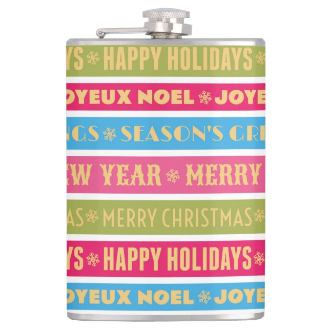Christmas words on colourful lines hip flask (Front)