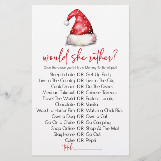 Christmas Would She Rather Baby Shower Game Stationery (Front)