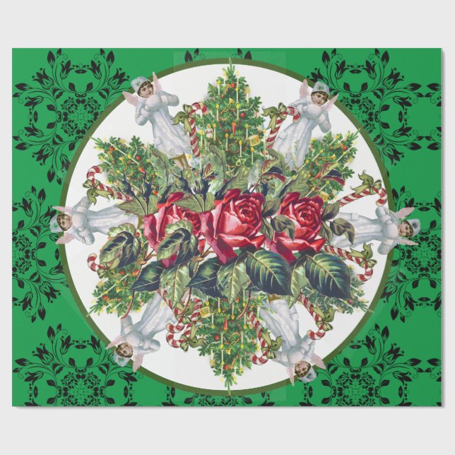 CHRISTMAS WRAPPING ANGELS ROSES CHRISTMAS TREES WRAPPING PAPER (Flat)