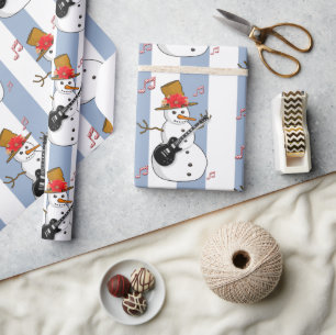 Christmas Wrapping Blue & White Stripe Snowman Paper
