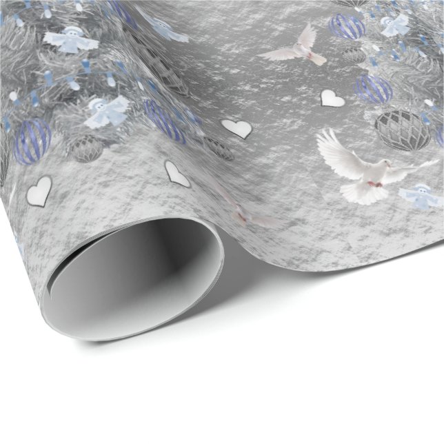 Christmas Wrapping Paper Blue Silver  Tree Hearts (Roll Corner)