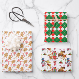 Christmas Wrapping Paper Flat Sheet Set of 3