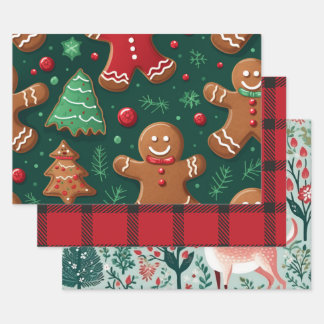 Christmas Wrapping Paper Flat Sheet Set of 3