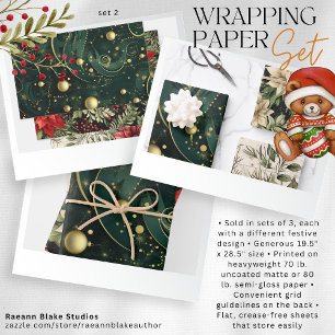 Christmas Wrapping Paper Flat Sheet Set of 3