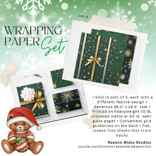 Christmas Wrapping Paper Flat Sheet Set of 3