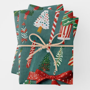CHRISTMAS Wrapping Paper Flat Sheet Set of 3
