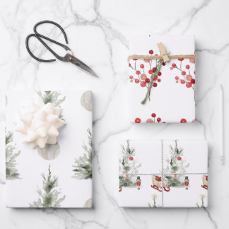 Christmas Wrapping Paper Flat Sheet Set of 3