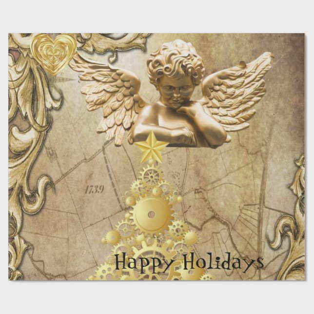 Christmas Wrapping Paper Happy Holidays Gold Angel (Flat)