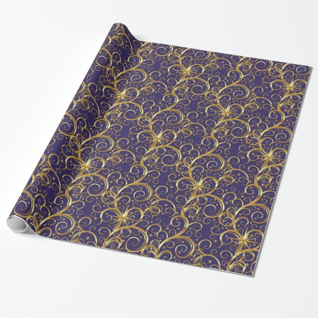 Christmas Wrapping Paper-Majesty Golden Swirls Wrapping Paper (Unrolled)