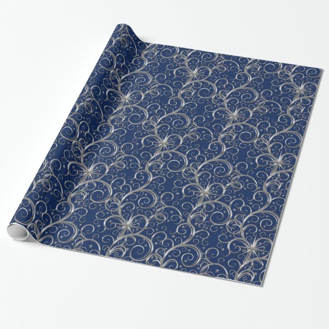 Christmas Wrapping Paper-Majesty Silver Swirls Paper (Unrolled)