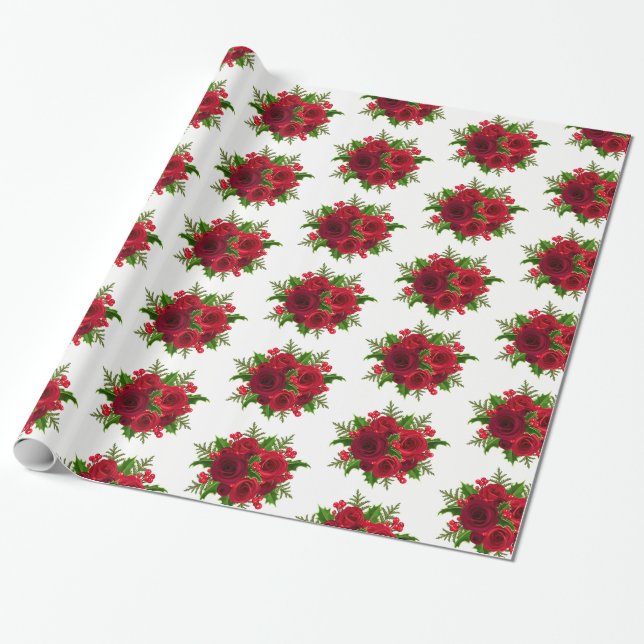 Christmas Wrapping Paper-Red Rose & Holly Wrapping Paper (Unrolled)
