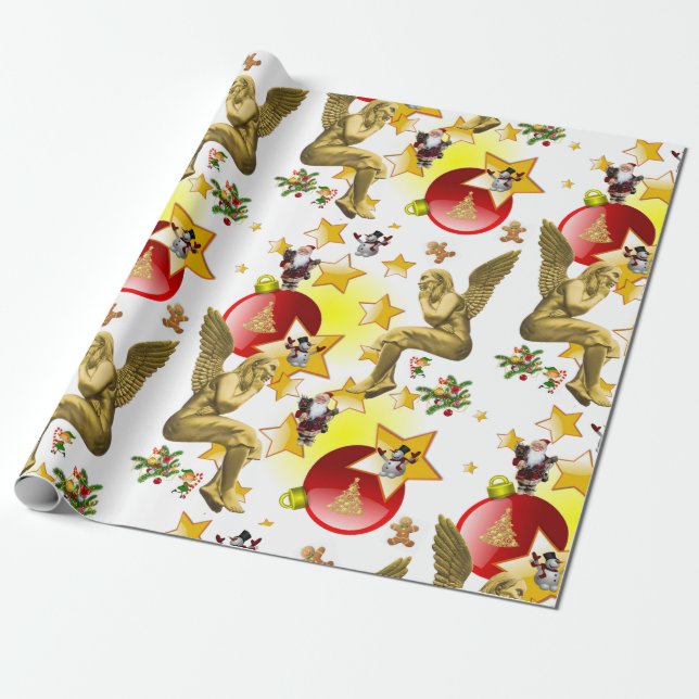 Christmas Wrapping Paper Santa Angels (Unrolled)