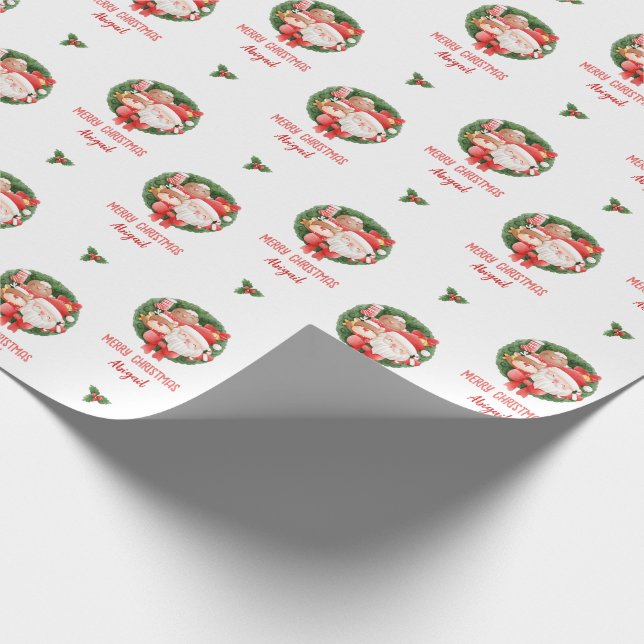 Christmas Wrapping Paper Santa Wreath Personalised (Corner)
