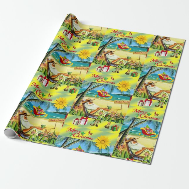 Christmas Wrapping Paper Summer Beach Bum Santa (Unrolled)