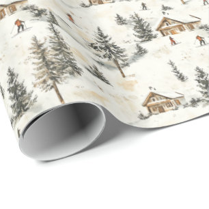 Christmas Wrapping Paper With Vintage Ski Lodge