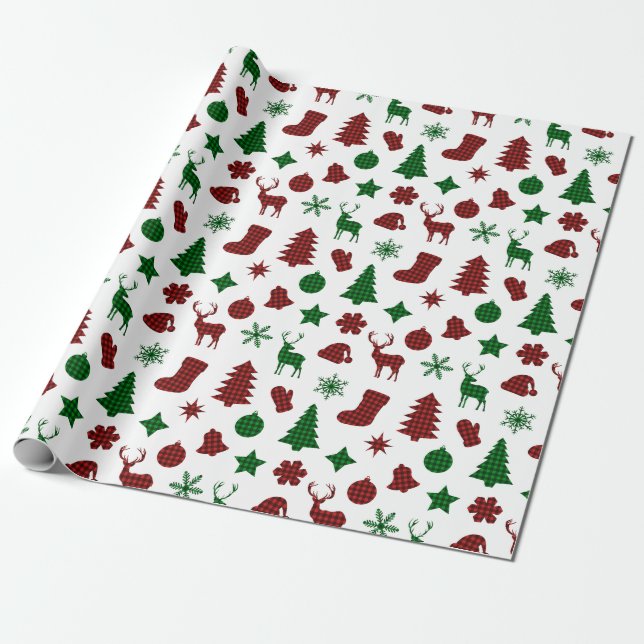 Christmas Wrapping Paper Xmas Trees Stocking Plaid (Unrolled)