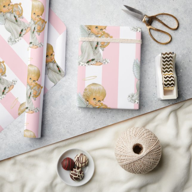 Christmas Wrapping Pink & White Stripe Angel Baby Wrapping Paper (Crafts)