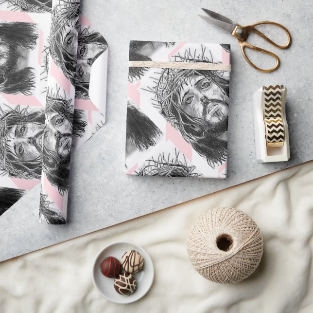 Christmas Wrapping Pink &White Stripe Jesus Christ Wrapping Paper (Crafts)