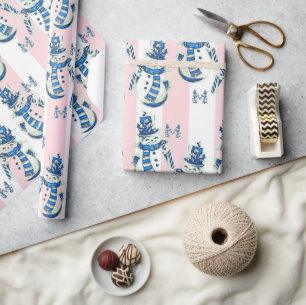 Christmas Wrapping Pink & White Stripe Snowman Wrapping Paper