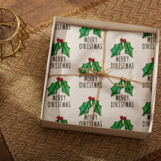 Christmas Wrapping Watercolor Holly Tissue Paper