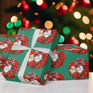 Christmas Wreath Add Name Classic Santa Red Green Wrapping Paper