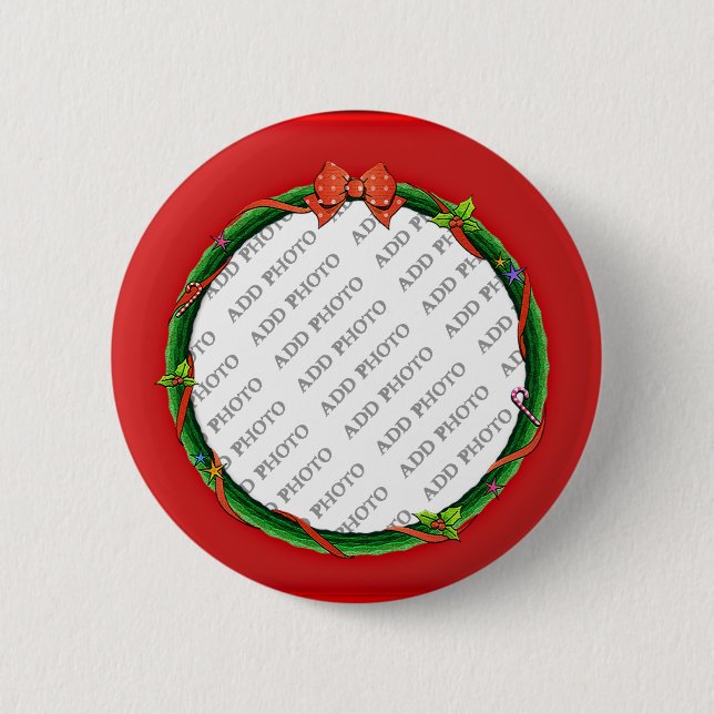Christmas Wreath Add Your Photo & Red Background 6 Cm Round Badge (Front)