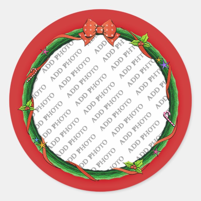 Christmas Wreath Add Your Photo & Red Background Classic Round Sticker (Front)