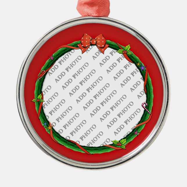 Christmas Wreath Add Your Photo & Red Background Metal Tree Decoration (Front)