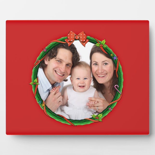 Christmas Wreath Add Your Photo & Red Background Plaque (Front)