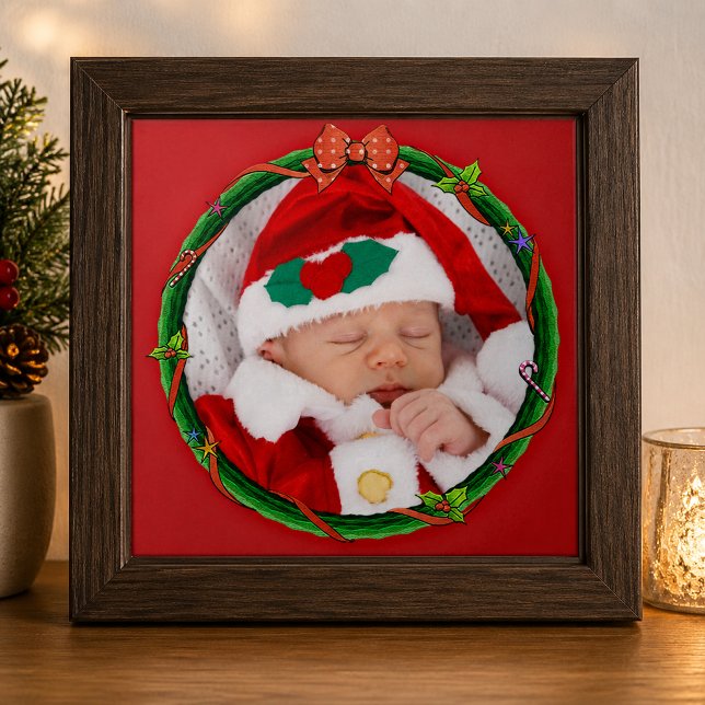 Christmas Wreath Add Your Photo & Red Background Tile (Christmas Wreath Add Your Photo & Red Background Ceramic Tile)